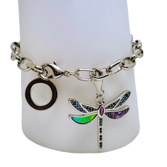 925 Sterling Silver Round Created Ruby Gemstone MOP Dragonfly Charm Bracelet 7" - Picture 6 of 9